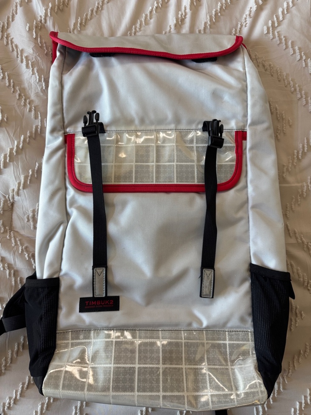 Timbuk2 White Backpack with Red Trim and Black Straps